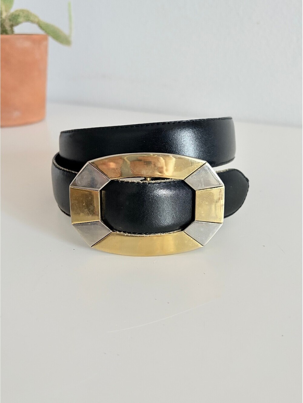 Black Leather Belt Two Tone Geometric Buckle 90s Vintage